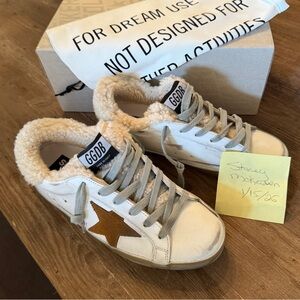 NIB!  Golden Goose Superstar white leather sneakers with brown star, size 36